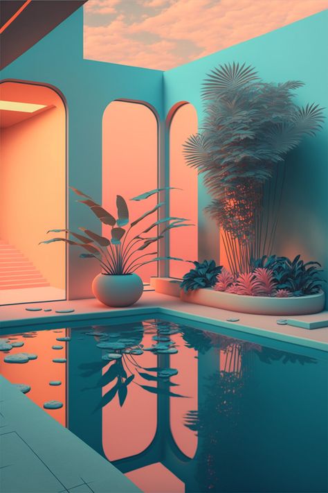 Vaporwave Architecture, Surreal Interior, Gta Vi, Indoor Swimming Pool, Vaporwave Aesthetic, Strange Places, Indoor Swimming, Environmental Design, Dream City