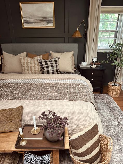 Moody Cozy Master Bed, Black Tan And Rust Bedroom, 2023 Fall Bedding, Fall Master Bed, Camel Bedding Master Bedrooms, Brown Tones Bedroom, Trending Bedroom Paint Colors 2023, Urban Bronze Bedroom Ideas, Primary Bedroom Moody