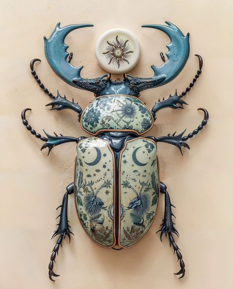 charliemoon.art Bug Paintings, Clay Bugs, Paper Mache Beetle, Polymer Clay Beetle, Beetle Art, Egypt Tattoo, Bug Art, Lovely Creatures, Glitch Art