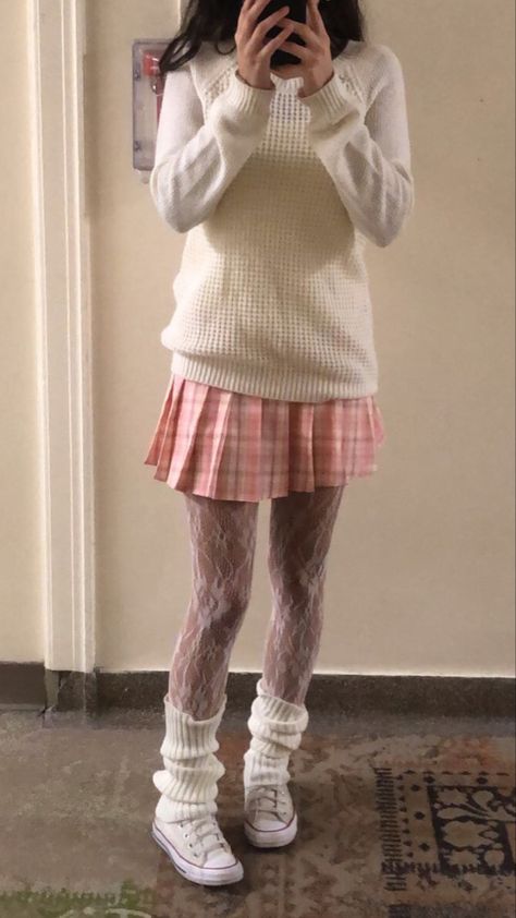 Pink Plaid Skirt Outfit Aesthetic, Winter Pink Skirt Outfit, Pink Legwarmers Outfit, Leg Warmers Outfit Coquette, Plaid Pink Skirt Outfit, Pink Lace Tights, Pink Skirt Outfit Winter, Pink Leg Warmers Outfit, Pink Skirt Outfit Aesthetic