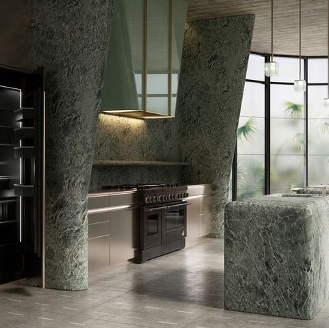 Sculptural Kitchen Island, Green Stone Kitchen, Kelly Wearstler Kitchen, Green Marble Kitchen, Kelly Wearstler Interiors, Kitchen Stone, Kitchen Concept, Experiential Design, Australia House