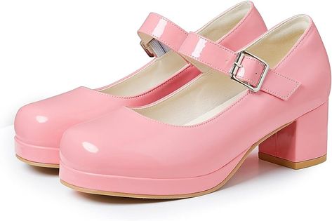 Amazon.com | femflame Women's Low Chunky Heel Mary Jane Pumps Sweet Round Toe Ankle Buckle Strap Dress Shoes JK Cosplay Uniform Dress Shoes Pink | Pumps Pink Dress Shoes, Uniform Dress, Pink Pumps, Mary Jane Pumps, Chunky Block Heels, Mary Jane Heels, Pink Shoes, Strap Dress, Chunky Heel