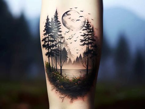 Trees And Stars Tattoo, Pine Trees Tattoo Design, Mountains Leg Tattoo, Mountain Scene Tattoo Sleeve, Mountain Tree Water Tattoo, Trees And Water Tattoo, Scenic Tattoo Landscapes, Waterfall Tattoo Ideas For Women, Lake Scene Tattoo