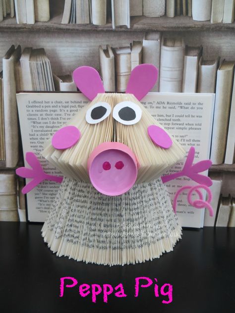 Book Folding Peppa Pig Book Art Tutorial--could potentially be adapted with different decorations. Peppa Pig Books, Book Art Tutorial, Marbles Crafts, Old Book Crafts, Pig Crafts, Recycled Book, Book Page Crafts, Upcycle Books, Book Folding Patterns