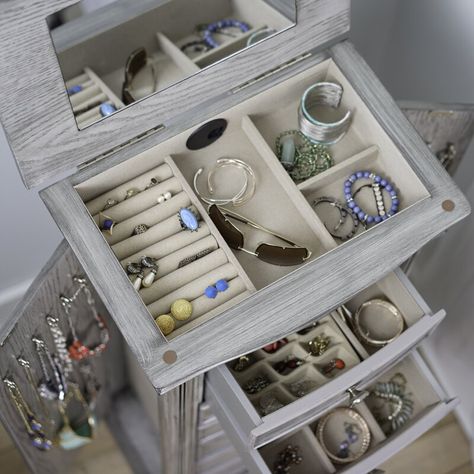 Armoire Storage, Grey Jewelry, Necklace Hooks, Standing Jewelry Armoire, Bracelet Storage, Hanging Necklaces, Gray Jewelry, Box Chest, Necklace Organizer