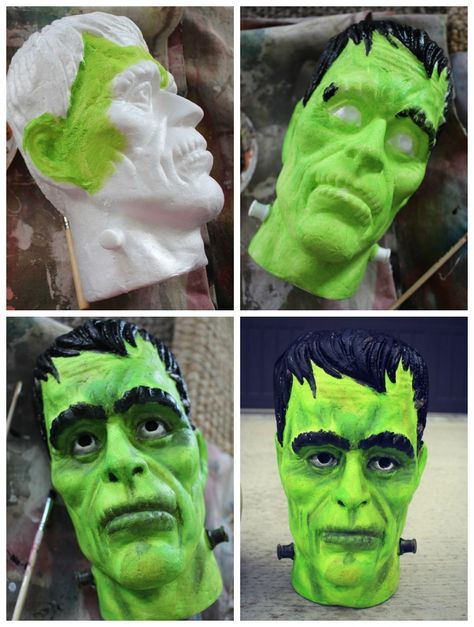 Frankenstein head how to paint Frankenstein Centerpiece, Lab Decorations, Styrofoam Heads, Spooky Dolls, Fall Paintings, Monster Munch, Styrofoam Crafts, Styrofoam Head, Diy Monsters