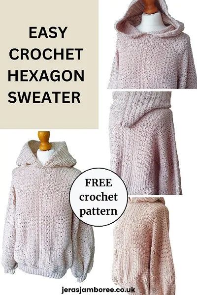 Crochet Spring Sweater Pattern Free, Crochet Hexagon Shirt Free Pattern, Crochet Garment Patterns, Crochet Spring Sweater, Free Hexagon Cardigan Crochet Patterns, Granny Hexagon Pullover, Crochet And Knitting Projects, Hexagon Pullover Crochet, Unique Crochet Patterns Free