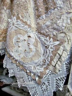 Layers of Collaged Vintage Lace and Doilies to create a Quilt Doily Art, Doilies Crafts, Neutral Fabric, Lace Crafts, Crazy Patchwork, Crazy Quilting, Creation Deco, Linen Quilt, Crazy Quilt