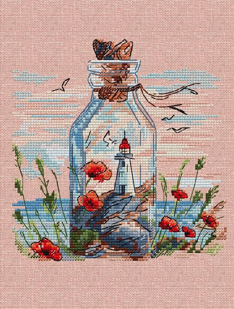 Lighthouses in Bottles. Poppies cross stitch pattern designed by AnnyFunnyXx.  ATTENTION! Fabric and threads are not included! Cross stitch charts are intended for personal use only and can't be distributed any way. Lighthouse Cross Stitch, Cross Stitch Cute, Cross Stitch Projects Ideas, Understand Me, Beaded Hair Pins, Bead Organization, Beautiful Cross Stitch, Cross Stitch Pictures, Cross Stitch Cards