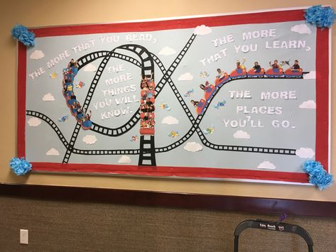 Rollercoaster Bulletin Board, Roller Coaster Bulletin Board, Reading Night, Ra Bulletins, Starting A Daycare, Ra Bulletin Boards, Ra Ideas, Force And Motion, Family Reading