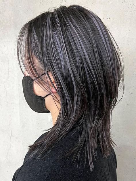 Purple Highlight On Black Hair, Black Hair Blonde Highlights Short, Platinum Highlights On Black Hair, Wolfcut Highlights, Grey Highlights On Black Hair, Wolf Cut Highlights, Baby Highlights Dark Hair, Black Hair With Grey Highlights, Violet Highlights