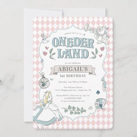 Alice in Wonderland | Onederland First Birthday Invitation Vintage Birthday Invitations, Alice In Wonderland 1, Alice In Wonderland Invitations, Wonderland Invitation, Alice In Wonderland Tea Party Birthday, Birthday 1st, Onederland Birthday Party, Alice In Wonderland Birthday, Tea Party Invitations