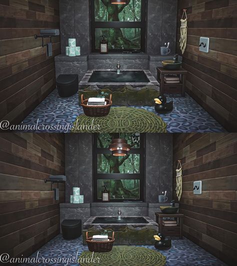 Acnh Spooky Living Room, Acnh Bathroom Ideas Black, Animal Crossing Bathroom Ideas, Wood Marble Bathroom, Acnh Room Design, Acnh Bathroom Ideas, Anch Inspiration, Animal Crossing Bathroom, Acnh Medieval