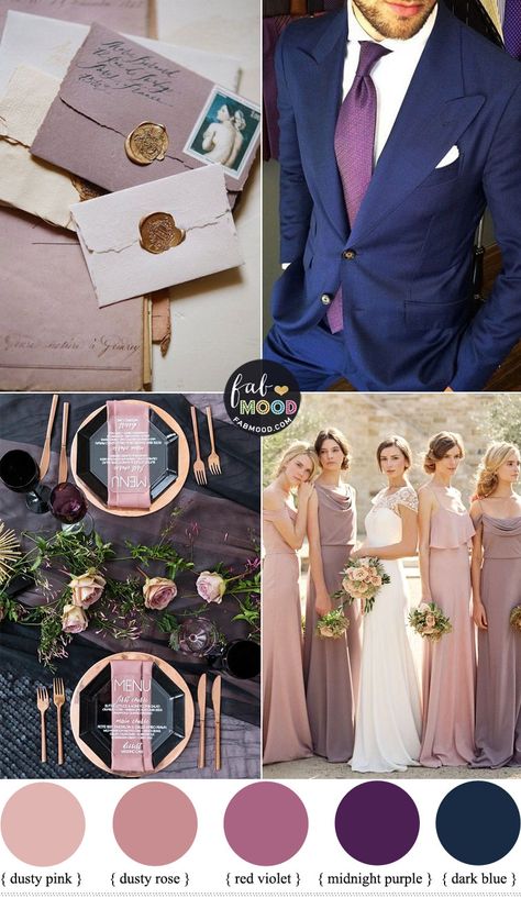 Earthy Toned Wedding Colour Palette 1 - Fab Mood | Wedding Colours, Wedding Themes, Wedding colour palettes Purple Colour Scheme Wedding, Three Color Wedding Theme, Beautiful Wedding Colors Colour Palettes, Dusty Purple Fall Wedding, Purple Scheme Wedding, Navy Wedding Colors Fall Colour Palettes, Purple Wedding Palette Color Schemes, Navy Blue Purple Pink Wedding, Purple Wedding Colour Schemes