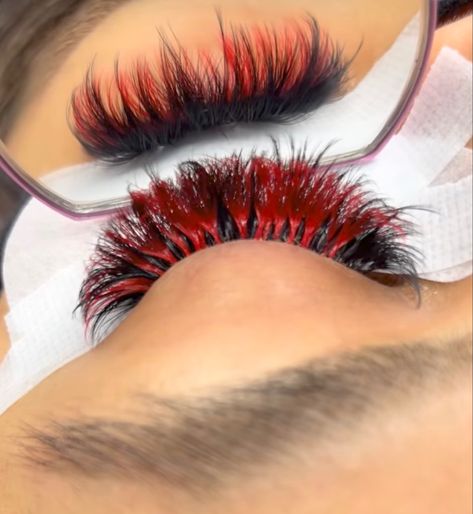 Lash Ideas With Color, Colored Eyelash Extensions Red, Eyelash Extension With Color, Pink Lash Extensions Styles, Lash Extensions Ideas With Color, Red And Black Lash Extensions, Lashes With Red Color, Lash Extensions With Red Color, Color Lash Extensions Eyelashes