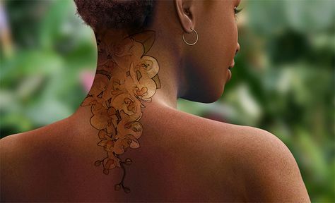 People Tattoos, Brown Tattoo Ink, Black People Tattoos, Yellow Tattoo, Dark Skin Tattoo, Skin Color Tattoos, White Tattoos, Tattoos Black, Orchid Tattoo