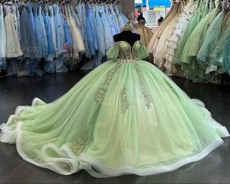 Light Green Quinceanera Dresses, Sage Green Quinceanera Dresses, Sage Green Quinceanera, Quinceanera Dresses Green, Green Quince Dress, Tiana Wedding, Princess Tiana Birthday Party, Quince Planning, Tiana Birthday Party