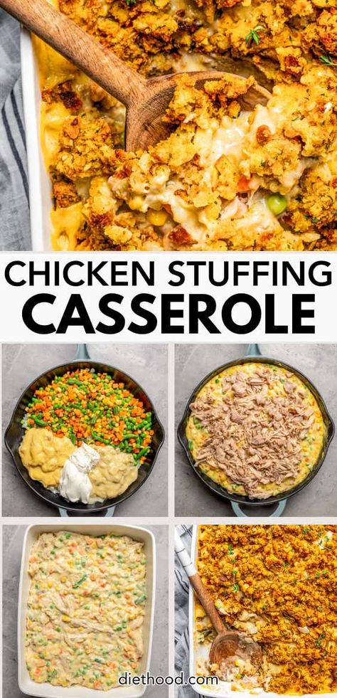 Cozy up with this Creamy Chicken Stuffing Casserole! Topped with golden-brown stuffing and baked to bubbly perfection, this heartwarming dish is pure comfort food. Perfect for family dinners or holiday gatherings—you’ll want to make it again and again! 🥘 #Stuffing Leftover Chicken And Stuffing Casserole, Leftover Chicken And Stuffing Recipes, Recipes With Boxed Stuffing, Dinner Recipes With Stuffing, Stovetop Stuffing Recipes Casseroles, Recipes With Stuffing Mix Dinners, Stuffing And Chicken Casserole, Chicken With Stuffing Casserole, Stuffing Casserole Recipes