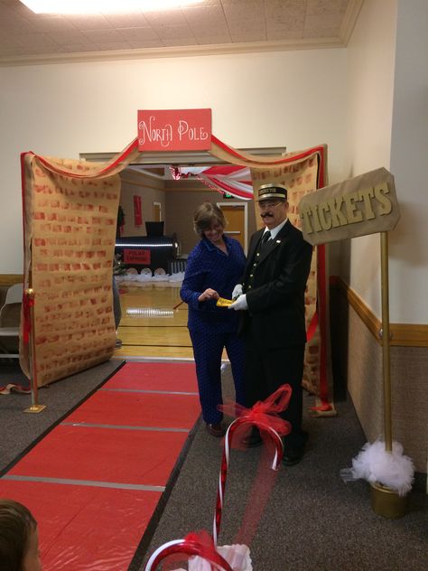 Polar Express School Event, Polar Express Fundraiser, Polar Express Entrance, Polar Express Scenes, Polar Express Day Decorations, Polar Express Event Ideas, Polar Express Ward Christmas Party, Polar Express At School, Polar Express Santa Pictures