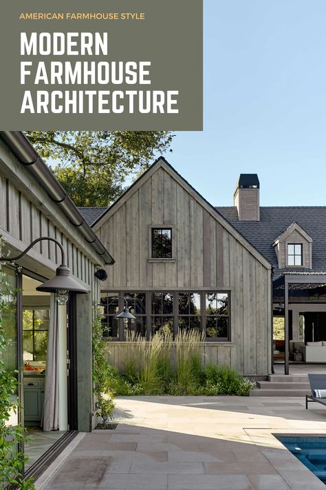 Learn about Modern Farmhouse Architecture at AmericanFarmhouseStyle.com! #farmhouse #farmhousedesign #farmhouseexterior Modern Farm Architecture, Modern Farmhouse Facade, Scandinavian Farmhouse Exterior, Modern Board And Batten, Modern Scandinavian Farmhouse, Modern Farmhouse Architecture, White Farmhouse Exterior, Modern Farmhouse Ideas, Farmhouse Style Lighting