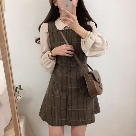 Leoom Pleated Shirt / Sleeveless Plaid Dress | YesStyle Cute Korean Fashion, Dark Academia Outfits, Academia Clothes, Dark Academia Clothing, Academia Outfits, Academia Style, Dark Academia Fashion, Academia Fashion, Cottagecore Fashion