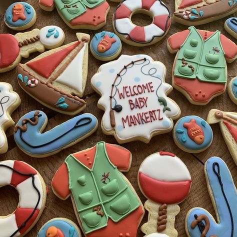 We’re Reel Excited, Fishing Gender Reveal Ideas For Party, Baby Shower Fishing Theme Boy, Fish Baby Shower Ideas, Fish Themed Baby Shower Ideas, Fishing Theme Baby Shower Ideas, Baby Shower Fishing Theme, Fishing Themed Baby Shower, Fishing Cookies