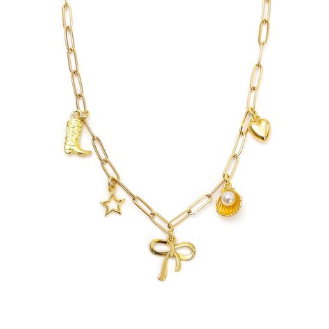 PRICES MAY VARY. 【Bow Necklace】The cutest coastal cowgirl charm necklace. Featuring a stunning bow charm at its core, a heart, pearl, cowboy boot, and star charm, this necklace is the perfect combination of coquette and dainty for an everyday look. 【Bowknot Choker Necklace Size】15.8'' in length, with 1.96'' extender chain, could be adjustable to fit for your neck, very comfortable. 【Materiale】 Made of stainless steel, very safe to wear, and it won't fade easily, 18K gold plated, very beautiful a New York Charm Necklace, Chunky Necklace Layering, Basic Gold Jewelry, Every Jewels Necklaces, Cute Jewelry Aesthetic, Cute Aesthetic Gifts, Chunky Charm Necklace, Charm Necklace Aesthetic, Charm Necklace Ideas