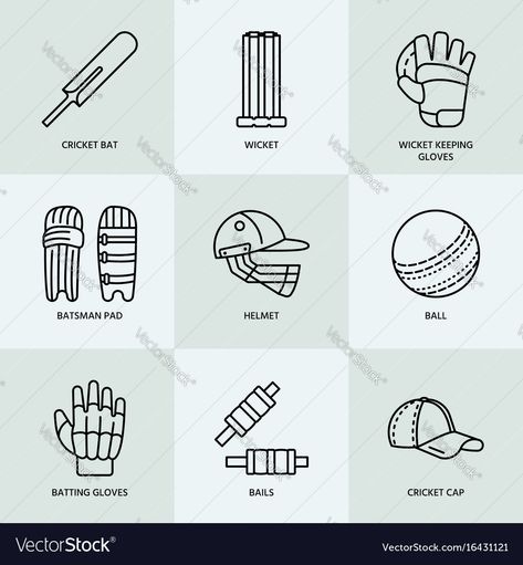 Cricket Helmet Drawing, Cricket Ball Drawing, Cricket Designs Ideas, Gloves Illustration, Cricket Helmet, Bat Vector, Cricket Coaching, Cricket Gloves, Cricket Bats