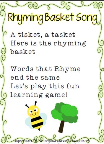 "Rhyming Basket" Song & Lakeshore Learning Vowel Teaching Tubs Rhyming Basket For Preschool, Preschool Word Of The Day, Preschool Phonological Awareness Activities, Rhyming Games For Preschoolers, Rhythm And Rhyme Activities, Phonemic Awareness Songs, Rhyming Songs Preschool, Rhyming Words Preschool Activities, Kindergarten Phonemic Awareness Activity