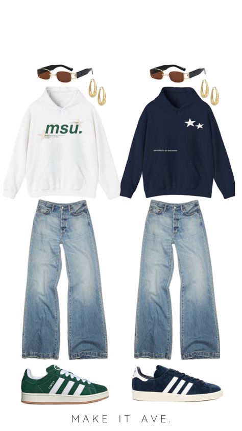 two outfits in collage style. The first fit is a white Michigan state university hoodie with a star design and green lettering, paired with baggy jeans, small rectangle gold rim glasses and green adidas campus shoes. The second outfit is a navy blue university of Michigan hoodie with 2 stars on the right chest, paired with the same baggy jeans and good rim rectangle glasses, along with navy blue adidas campus shoes. Michigan Vs Michigan State, University Of Michigan Campus, Trendy Outfits Inspiration, Top Summer Outfits, College Fits, Game Day Outfit, College Hoodies, Michigan State University, University Of Michigan