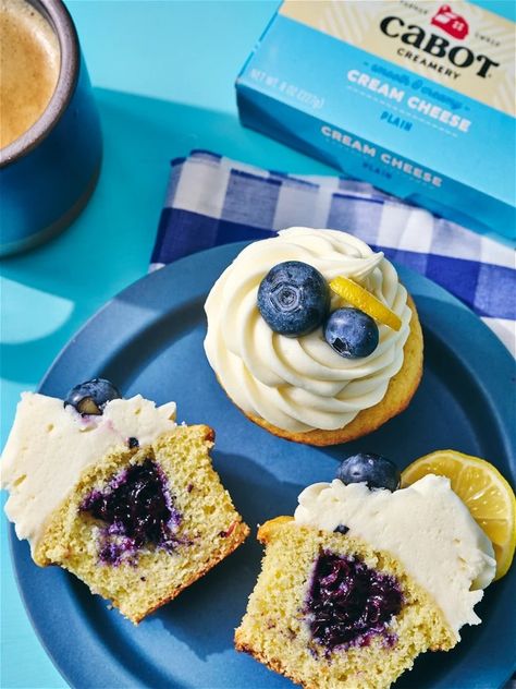 Blueberry Filled Lemon Cupcakes – Cabot Creamery Filling For Cupcakes, Veggie Bowl Recipe, Lactose Free Cheese, Winter Appetizers, Lemon Blueberry Cupcakes, Cottage Cheese Dips, Harissa Recipes, Blueberry Filling, Grill Cheese Sandwich Recipes