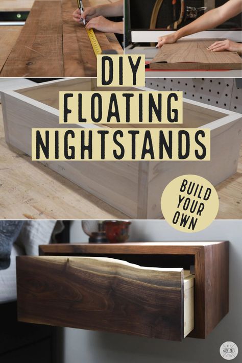 Floating Nightstand Plans, Nightstand Woodworking Plans, Live Edge Floating Nightstand, Diy Floating Nightstand With Drawer, Diy Floating Drawer, Diy Floating Nightstand Bedside Tables, Nightstands For Small Spaces, Live Edge Headboard Diy, Live Edge Nightstand