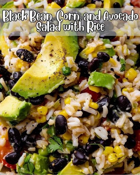 recipes fresh  - Black Bean, Corn, and Avocado Salad with... Black Bean Corn Avocado Salad With Rice, Avacodo Salad, Bean Corn Avocado Salad, Corn And Avocado Salad, Salad With Rice, Salsa Rice, Salad Dressing Recipes Vinaigrette, Summer Salsa, Avocado Recipe