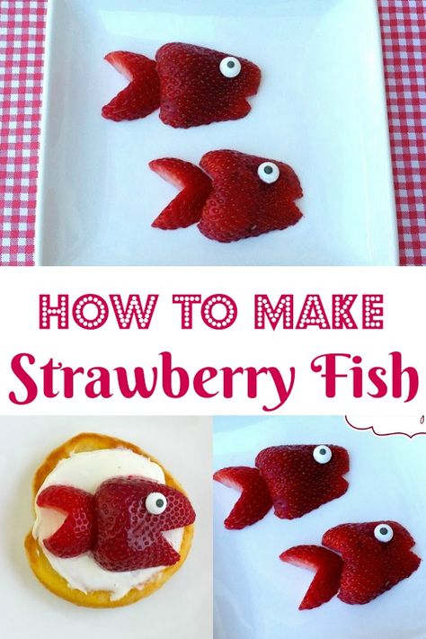 Strawberry Animals Snack, Fish Themed Appetizers, Animal Shaped Snacks, Healthy Ocean Themed Snacks, Fish Shaped Charcuterie Board, Fish Snacks For Kids, Fish Shaped Food, Ocean Snacks For Kids, Animal Snacks For Kids