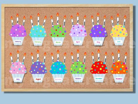 Classroom Birthdays display list. A fun classroom birthday list for your class, perfect teacher decor for your class bulletin board or to hang on your classroom walls. Birthday Display In Classroom, Candle Template, Small Birthday Cakes, Class Birthdays, Teacher Classroom Decorations, Kindergarten Classroom Decor, Birthday Display, Classroom Birthday, Birthday List