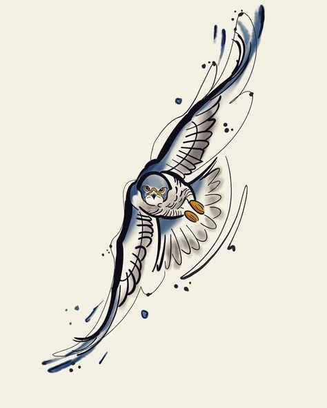 Tattoo featuring a peregrine falcon in flight, facing the viewer with wings spread diagonally Falcon Neck Tattoo, Hawk Drawing Tattoo, Maltese Falcon Tattoo, Peregrin Falcon Tattoo, Peregrine Falcon Tattoo Small, Falcon Feather Tattoo, Peregrine Falcon Tattoo Design, Falcon Tatoos, Drawing Falcon