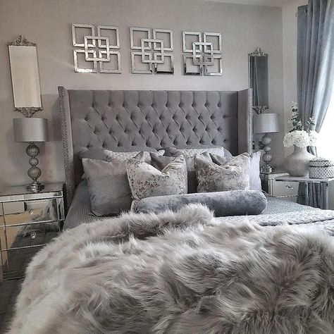 All Gray Bedroom, Gray Glam Bedroom, Dark Grey Room Ideas Bedroom, Charcoal Grey Bedroom Ideas, Gray Room Decor, Dark Grey Bedroom Ideas, Lsu Dorm, Virginia Apartment, Cream And Grey Bedroom