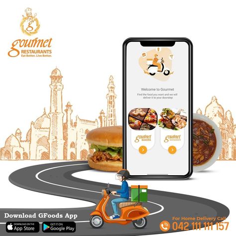 Download our application Gourmet Foods now and enjoy your favorite meal at your doorstep.

Call us now for home delivery:
042-111 111 157

#GourmetRestaurants #HomeDelivery #FastFood #Continental #Foodie #DesiCusine #DesiFood Food Offer Creative Ads, Fast Food Advertising, Teaching Graphic Design, Food Map, Restaurant Poster, Youtube Banner Backgrounds, Food Template, Online Delivery, Food Advertising