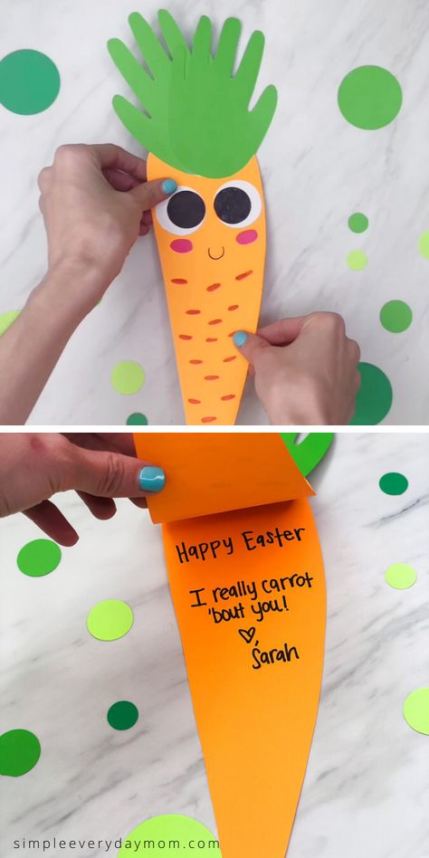 Need an easy Easter craft for kids? This handprint carrot card is a fun idea to give to Mom, Dad or teachers for Easter! Download the free printable template and make with toddlers, preschool and kindergarten children.   #simpleeverydaymom #eastercraftsforkids #eastercrafts #easykidscrafts #handprintcrafts #funideasforkids #preschoolcrafts #toddlers #kindergarten #classroomcrafts Handprint Easter Cards, Easter Cards Toddlers, Carrot Art And Craft For Preschool, Easter Card Preschool Craft, Carrot Art And Craft, Carrot Craft, Easter Crafts For Toddlers, Easter Crafts For Adults, Sheep Crafts