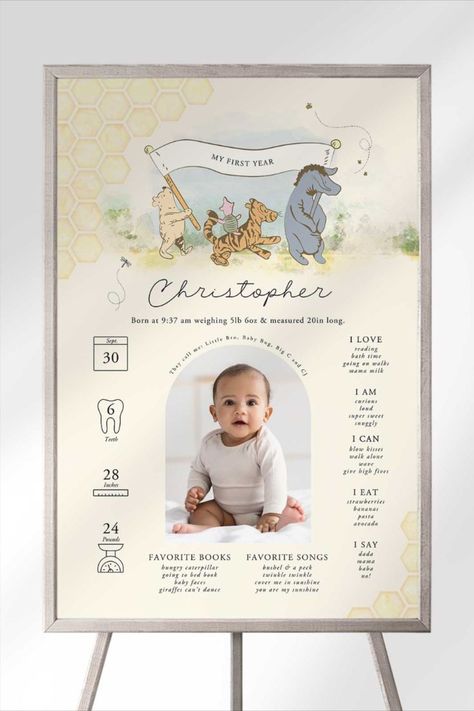 Winnie The Pooh Milestone, Winnie The Pooh First Birthday, Pooh First Birthday, First Birthday Board, Milestone Chart, Pooh Birthday, Classic Pooh, Winnie The Pooh Birthday, Classic Winnie The Pooh