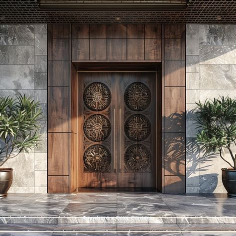 Facebook Main Door Design Entrance Modern, Main Door Design Entrance, Door Design Entrance, Wooden Cladding, Flush Door, Door Design Photos, House Facades, Wooden Main Door, French Doors Exterior