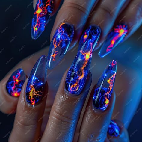 A woman with painted nails with the words fire on them | Premium AI-generated image Nail Ideas Fire, Fire And Ice Nails, Nail Art Fire, Blue Flame Nails, Lightning Bolt Nails, Lightning Nails, Storm Art, Painted Nails, Pretty Nail Art Designs