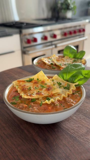 Maxine Sharf on Instagram: "Lasagna soup✨  Concept inspired by @low.carb.love 🤍  Cheesy Lasagna Squares:▪️4 Lasagna Sheets▪️2 tsp Olive Oil▪️1 Cup Shredded Mozzarella ▪️2 Tbsp Grated Parmesan Cheese▪️  Soup:▪️2 Tbsp Olive Oil▪️1 Onion, diced small▪️2 Medium Carrots, diced▪️2 Stalks Celery, diced▪️2 tsp Kosher Salt, divided▪️1/2 tsp Black Pepper▪️4 Garlic Cloves, finely chopped▪️1 lb. Lean Ground Beef▪️28 oz. Can San Marzano Tomatoes▪️2 Cups Chicken Broth▪️1+1/2 tsp Italian Seasoning▪️1 tsp Sugar▪️1/2 tsp Crushed Red Pepper▪️1/2 Cup Whole Milk Ricotta▪️Fresh Parsley, chopped▪️Fresh Basil Leaves (optional)▪️  1️⃣ Bring a large pot of generously salted water to a boil. Coat a large baking sheet with olive oil. Boil the lasagna sheets according to package directions, then drain and place on t Lasagna Squares, Maxine Sharf, Crunchy Tacos, Cheesy Lasagna, Low Carb Love, Marzano Tomatoes, Taco Fillings, San Marzano Tomatoes, Lasagna Soup