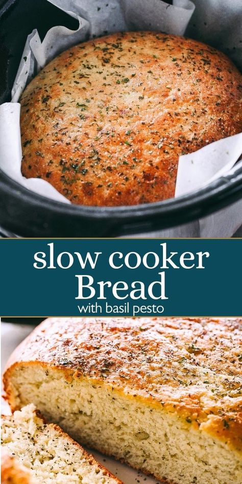 Make this Slow Cooker Bread with Basil Pesto that's big on flavor and low on effort! Just mix, set the dough in the slow cooker, and in no time, you will be treating yourself to a soft, crusty, flavorful bread. It’s homemade simplicity at its best! Slow Cooker Bread Recipes, Basil Pesto Bread, Pesto Bread Recipe, Crockpot Treats, Bread Slow Cooker, Diethood Recipes, Crock Pot Bread, Pesto Bread, Slow Cooker Bread