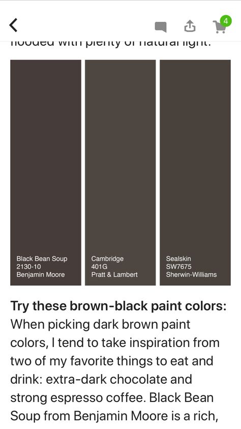 Blackish Brown Paint Color, Charcoal Brown Paint Color, Black Paint With Brown Undertones, Dark Brown Painted Kitchen Cabinets, Brown Black Paint Color, Sherwin Williams Black Bean, Black And Brown Bathroom Ideas, Brown Painted Cabinets, Chocolate Brown Paint