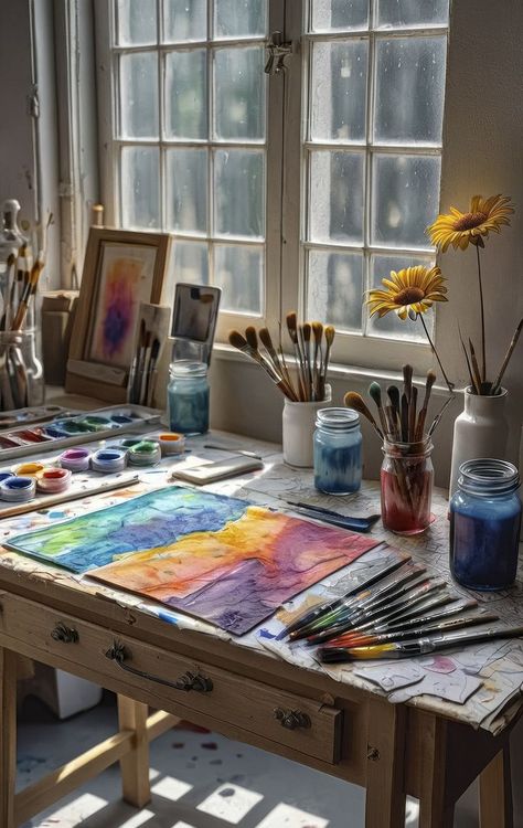 Small Art Table, Painter Studio Aesthetic, Gouache Room Painting, Painting Equipment Tools, Artist Table Aesthetic, Artist Painting Studio, Worktable Aesthetic, Sun Porch Art Studio, Drawing Desk Aesthetic