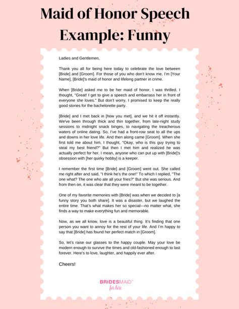 How to Write a Funny Maid of Honor Speech in 2024 Wedding Speech Moh, Maid Of Honor Speech For Aunt, Made Of Honor Speech Funny, Maid Of Honor Speech Ideas For Sister, Wedding Maid Of Honor Speech, How To Write A Wedding Speech, How To Start A Maid Of Honor Speech, Letter To Bride From Maid Of Honor, Sister Maid Of Honor Speech Funny