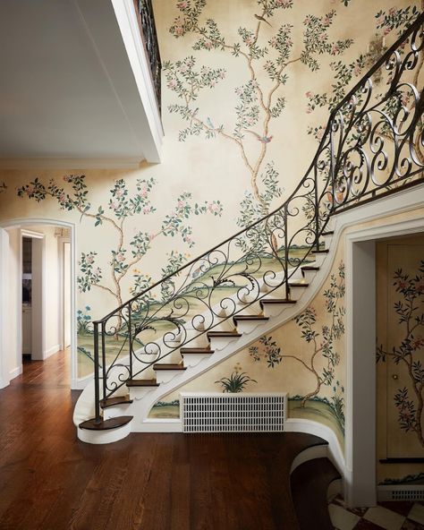 Wallpaper Stairwell, Southern Couple, Staircase Wallpaper, Wallpaper Staircase, Walter Anderson, Houston Houses, Fairhope Alabama, Staircase Wall, French Cottage