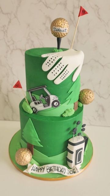 Golfing Birthday Cake, Guys Bday Cake, 2 Tier Golf Cake, Golf Themed Cake For Men, Golf Theme Birthday Cake, Golf Cakes For Men Birthdays, Masters Cake, Golf Cake Ideas, 18th Birthday Cake For Guys