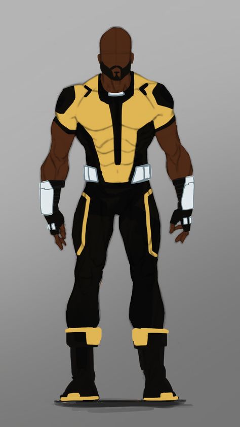 Luke Cage (Hulu) - continuing from the design process from the Hulu Daredevil, I wanted to capture his Power Man look, yet less street like and more super hero like. I also wanted to reflect the deep v-neck with the black design on the chest, and the chain on his metal belt. I also figured now he starts to experiment with a beard rather than goatee. Marvel Luke Cage, Luke Cage Redesign, Power Man Marvel, Luke Cage Marvel, Captain America Comic Art, Defenders Marvel, Marvel And Dc Characters, Marvel Comics Superheroes, Luke Cage